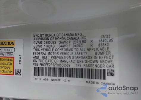 2024 Honda Civic Sport from USA, damaged, VIN 2HGFE2F52RH530569